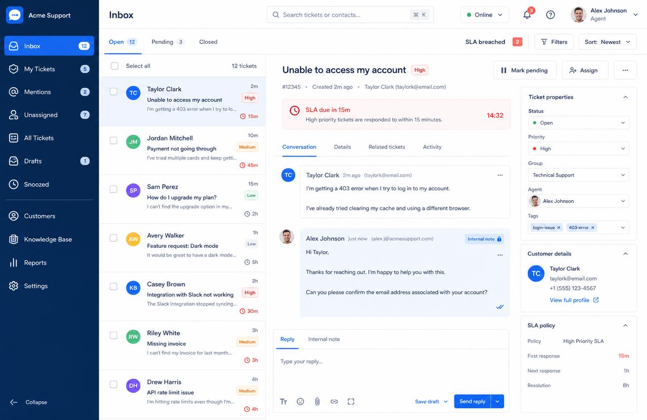 OmniSupport agent inbox showing ticket queue, SLA timers and priority badges